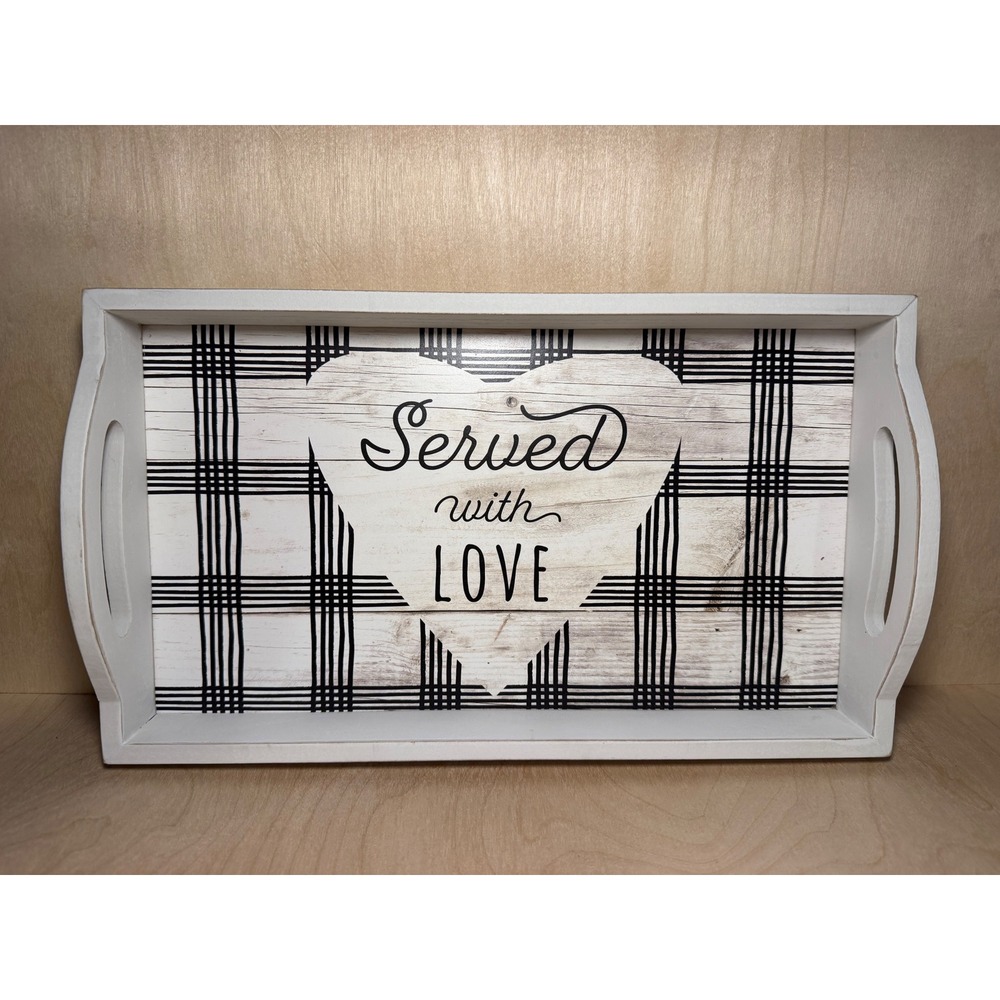 " Served With Love" Plaid Wooden Serving Tray Farmhouse‎ Decor White 14in